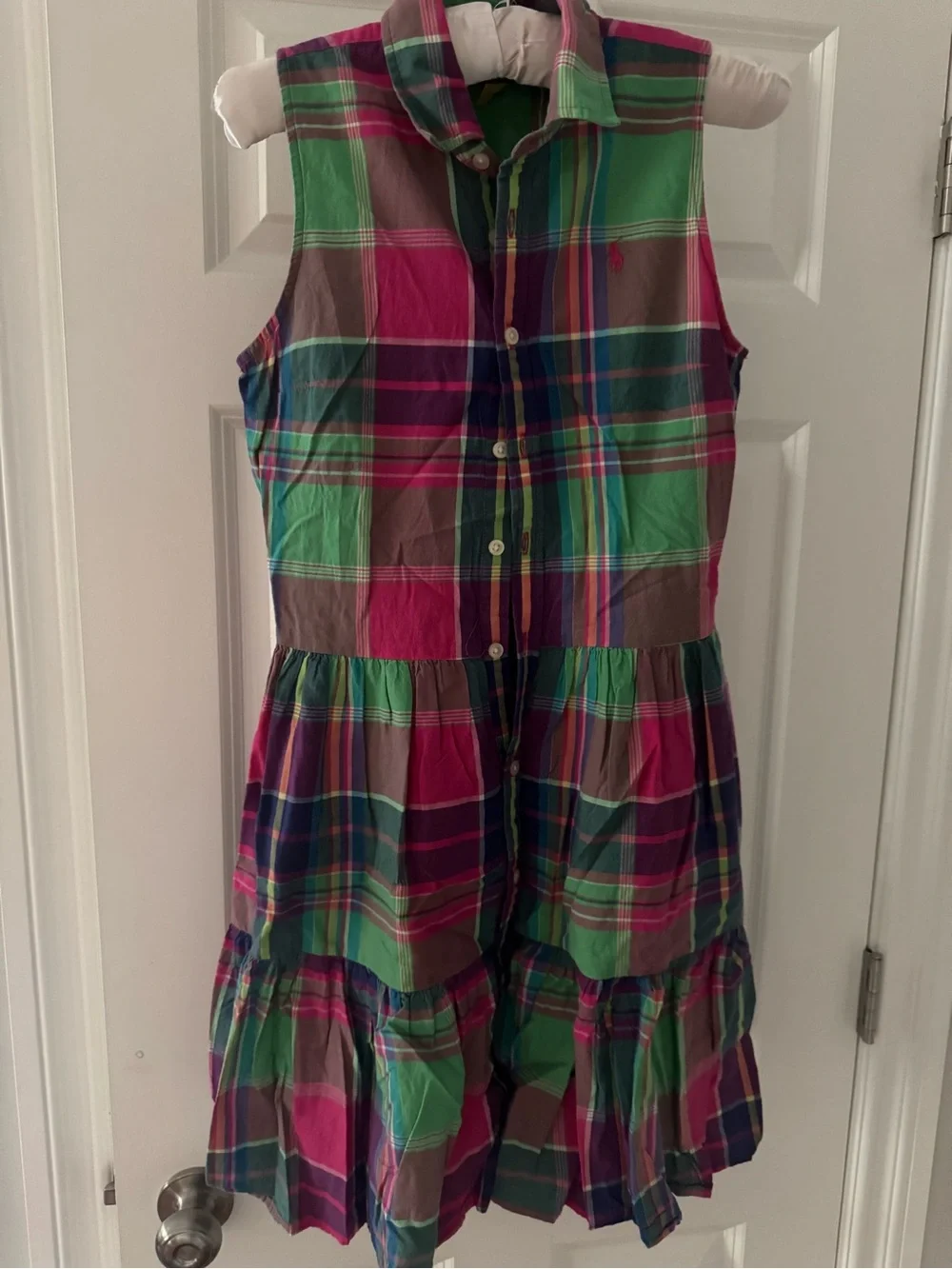 Ralph Lauren Sleeveless Plaid Tiered Cotton Dress - Pink, Green & Blue